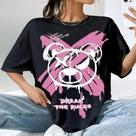 T-shirt Oversized Feminina Estampada Desenho Urso Escrita Frase Break The Rules Estilo Rua Streetwe