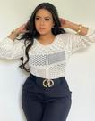 T0123-Blusa Casual Comfy Crochê Vazada Manga Longa 4n0502