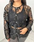 T0129-Camisa Blusa Social Transparência Floral Noite Mangas 4d1617