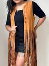 T0140-Colete Feminino Boho Midi Marrom Preto Azul Franjas Festa Carnaval Liso Rodeio Country