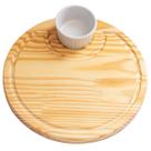 Tabua Redonda em Madeira 27cm para Servir Frios Queijo Frutas com Molheira 100ml em Porcelana Branca