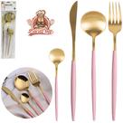 Talher De Inox Rosa Com Dourado Colher / Faca / Garfo / Colher De Sobremesa 4 Pecas Bons Cheff
