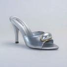 Tamanco Mule Feminino Salto Fino Detalhe Pedra Metalizado Ellen Elegante Festa Confortável Moda Luxo