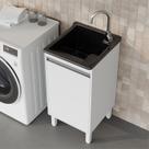 Tanque de Lavanderia Fibra 20L com Gabinete MDF 45cm Branco, Suporte para Torneira de Bancada, Entregue Montado, com Válvula e Sifão