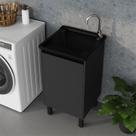 Tanque de Lavanderia Plástico 26 L com Gabinete MDF Chumbo Grafite 47cm Suporte para Torneira de Bancada com prateleira válvula sifão Entregue Montado