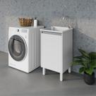 Tanque de Lavar Roupa 26 Litros com Gabinete Branco em MDF com Prateleira, válvula e sifão Entregue Montado Tanque de Lavar Roupa 26 Litros com Gabinete Branco em MDF com Prateleira, válvula e sifão Entregue Montado