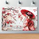 Tapeçaria de gueixa japonesa pendurada na parede com guarda-chuva vermelho 150x130cm Tapeçaria de gueixa japonesa pendurada na parede com guarda-chuva vermelho 150x130cm