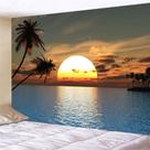 Tapeçaria pendurada na parede, pôr do sol, vista para o mar, palmeiras tropicais