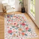 Tapete Area DUKINO Floral 3 x 5 pés, bege, pêlo baixo, antiderrapante, lavável