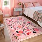 Tapete Area Macgace Pink Floral para meninas, quarto 90x150cm