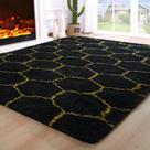 Tapete Area Noahas Fluffy 5x8 para quarto, sala de estar, preto, dourado