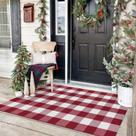 Tapete KOZYFLY Buffalo Plaid 90x150cm de algodão vermelho e branco Tapete KOZYFLY Buffalo Plaid 90x150cm de algodão vermelho e branco