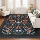 Tapete preto floral lavável GarveeHome de 8 x 10 pés, antiderrapante