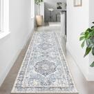 Tapete Runner Domitapis Vintage Boho 2 x 8 pés azul claro lavável