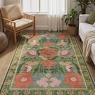Tapete Yuemasi verde floral 150x210 cm antiderrapante, macio e lavável