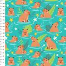 Tecido Tricoline Capivara Fundo Tiffany com Folhas - Meia Tigela 1mt x 1,50mt