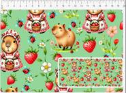 Tecido Tricoline Digital, Capivaras e Morangos, Verde com Flores, 50 x 150 cm, Fernando Maluhy
