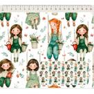 Tecido Tricoline Digital Cute Girls Meninas no Balanço, 100% Algodão, Lilás Verde e Branco, 50 x 150