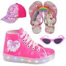 Tênis Botinha Infantil Feminino De Led Unicórnio Cano Alto +Óculos+Boné+Chinelo
