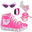 Tênis Botinha Infantil Feminino De Led Unicórnio Cano Alto +Óculos+Relógio+Puls+Make