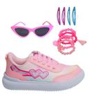 Tênis Casual Infantil Feminino Meninas Leve Escolar Rosa +Óculos+Pulseira+Tictac