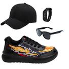 Tênis Casual Infantil Masculino Chumbo/Preto/Fogo +Óculos+Relógio+Boné