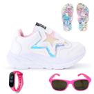 Tenis Casual Infantil Meninas Estrela Glitter Calce Facil + Chinelo Oculos Relogio