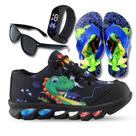 tenis de led infantil masculino dinossauro com luzinha meninos mais chinelo com relogio e oculos