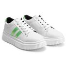 Tênis Feminino Branco com Listras Verde e Sola Borracha Plataforma