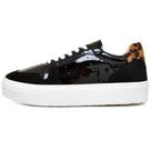 Tenis Feminino Plataforma Casual Verniz Detalhe Animal Print Cadarço Macio Dia a Dia Basico Moda Tamanho:37Cor:PretoGê
