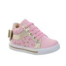 Tenis Infantil Botinha de Menina Rosa Flor Laço Dourada
