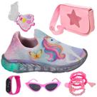 Tênis Infantil Feminino Com Led Unicórnio Slip On Menina +Bolsa+Pulseira+Make+Óculos+Relógio