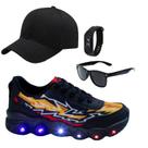 Tênis Infantil Led Masculino Jogging Casual Preto Chumbo Fogo +Óculos+Relógio+Boné Tênis Infantil Led Masculino Jogging Casual Preto Chumbo Fogo +Óculos+Relógio+Boné