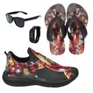 Tênis Infantil Masculino Calce Fácil Escolar Menino Personagem +Chinelo+Óculos+Relógio