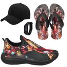 Tênis Infantil Masculino Calce Fácil Escolar Menino Personagem +Chinelo+Relógio+Boné