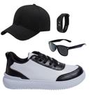 Tênis Infantil Masculino Casual Moderno Colegial Confortável Branco/Preto e Branco/Bege+ Óculos+Relógio+Boné