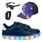 Tênis Infantil Masculino Com Led Casual Moderno Confortável Novo +Boné+Óculos+Relógio