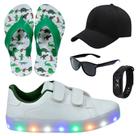 Tênis Infantil Masculino Com Led Casual Moderno Confortável Novo Chinelo+Boné+Óculos+Relógio