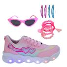Tênis Led Infantil Feminino Casual Jogging Estrela Coração Rosa +Óculos+Pulseira+TicTac