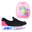 Tênis Led Infantil Preto Rosa Pink Menina Calce Fácil Leve Confortável Luzinha Colorida + Mochila Rosa Escolar Unicórnio