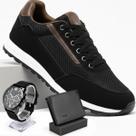 Tênis Masculino Casual Sapatênis Preto Jogging Azul Com Relogio