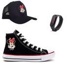 Tênis Minnie Mouse Boné E Relógio Infantil All Cano Alto Moda Jovem Feminina