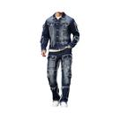 Terno jeans masculino primavera e outono, design com vários bolsos, estilo calças largas e retas