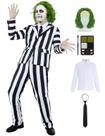 Terno listrado em preto e branco, trajes masculinos assustadores de Halloween, comédia de terror para adultos, personagem de filmes, roupa de cosplay com camisa branca, gravata preta KF018-3XL Terno listrado em preto e branco, trajes masculinos assustadores de Halloween, comédia de terror para adultos, personagem de filmes, roupa de cosplay com camisa branca, gravata preta KF018-3XL