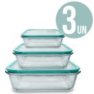 Tigelas de Vidro Borossilicato com Tampa Hermética Retangular Kit 3 Tamanhos 370ml 640ml 1040ml Pote de Vidro Marmita