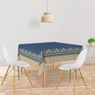 Toalha De Mesa Quadrada Tecido Oxford Azul Moldura Arabesco Bege - 140x140cm