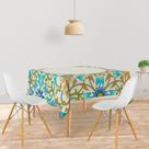 Toalha De Mesa Quadrada Tecido Oxford Floral Azul Moldura Circular - 140x140cm