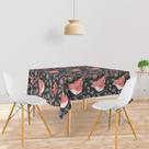 Toalha De Mesa Quadrada Tecido Oxford Flores e Passarinhos Cinza e Preto -140x140cm