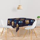 Toalha De Mesa Quadrada Tecido Oxford Folhas Brilhantes Azul e Dourado -140x140cm