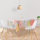 Toalha De Mesa Quadrada Tecido Oxford Rosas Aquarela Coral e Amarelo -140x140cm